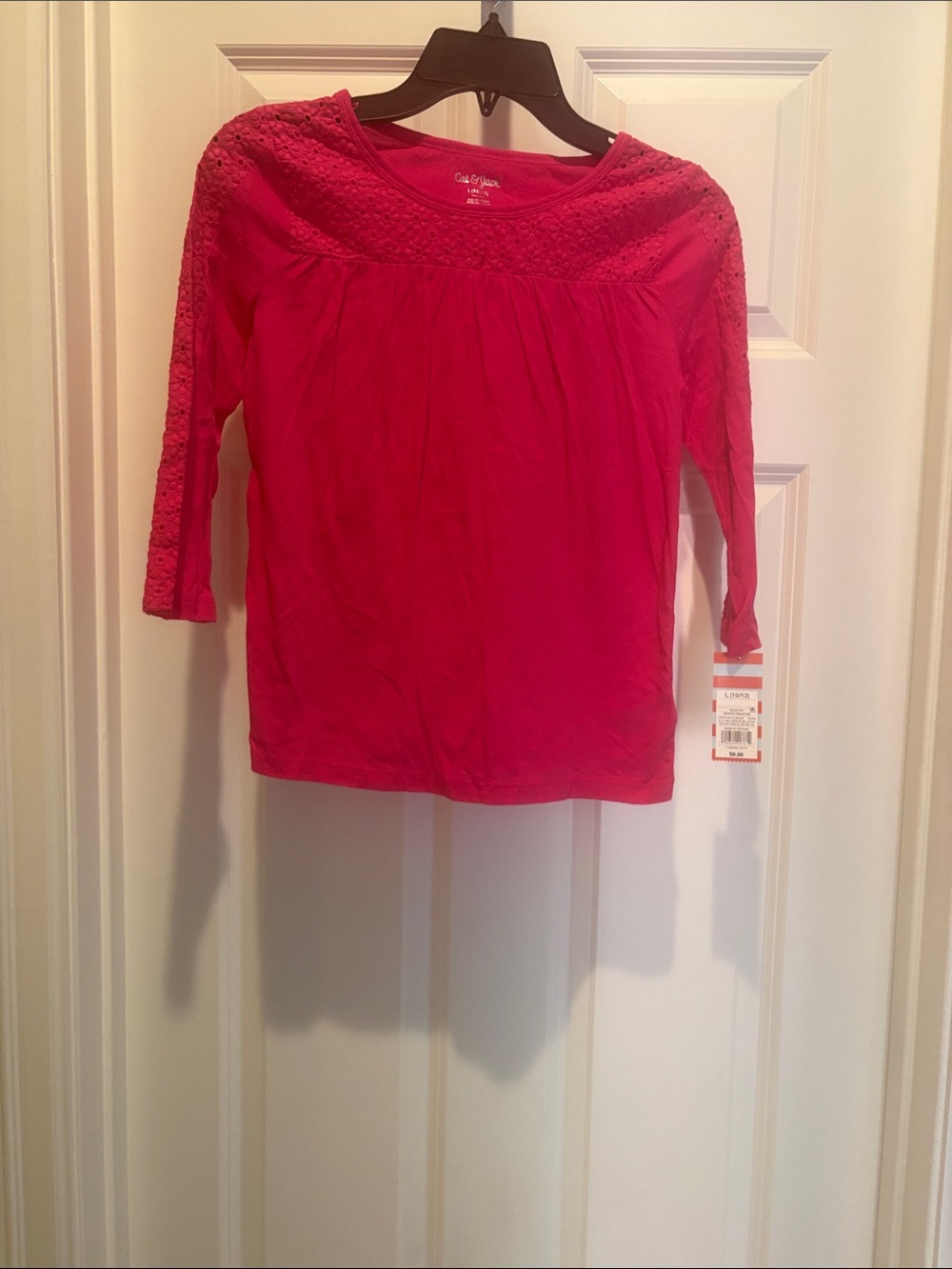 Cat & Jack Bright Pink Crochet Yoke Long Sleeve Tee- 100% cotton